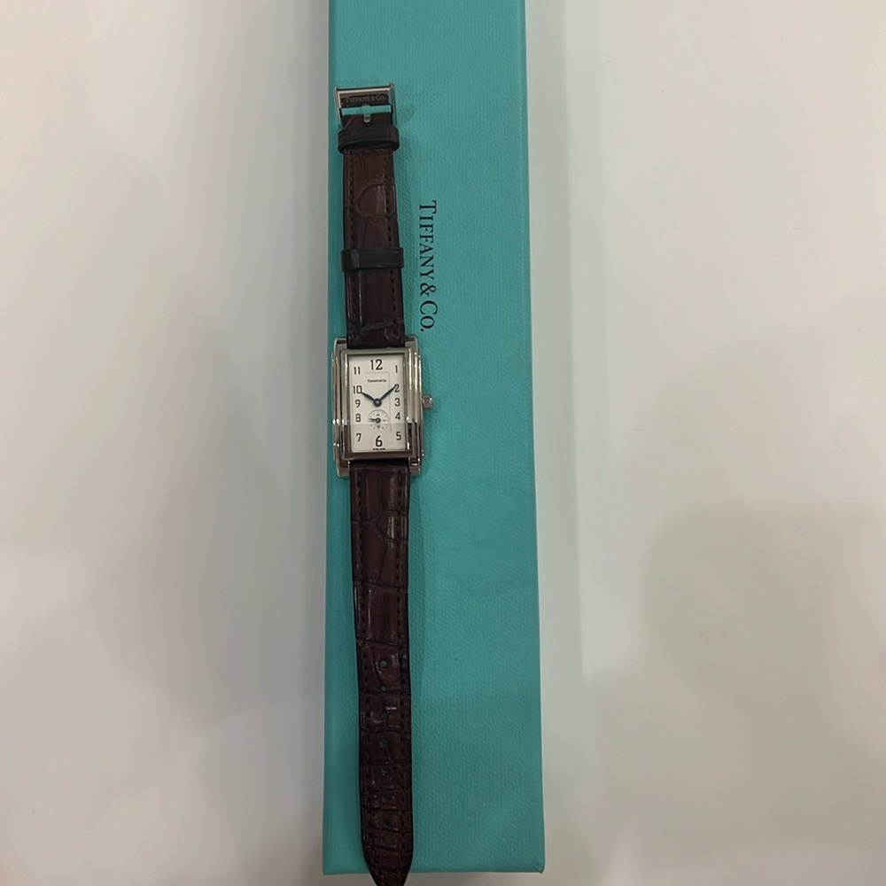 Tiffany and co Swiss made stainless steel alligator strap rectangle watch